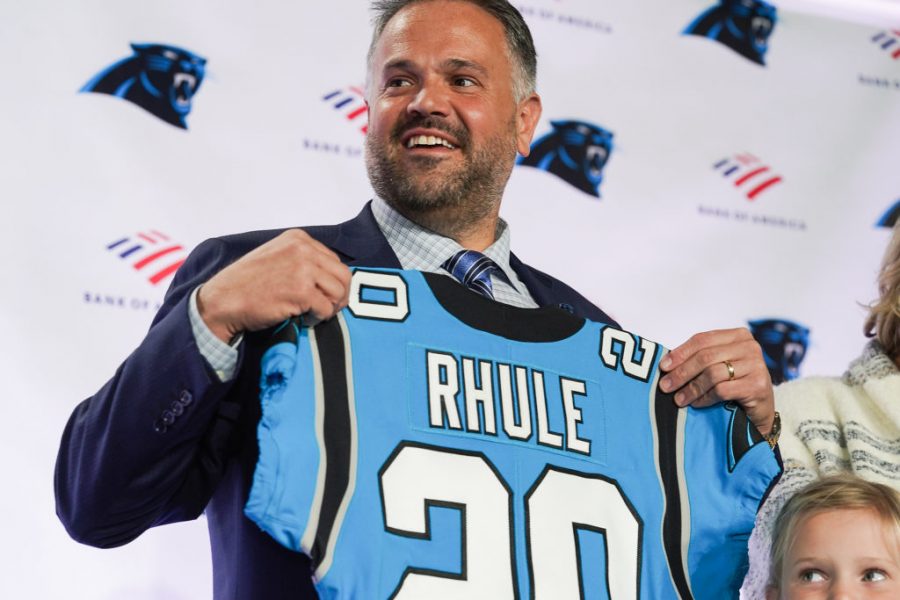 Jan 8, 2020; Charlotte, North Carolina, USA; Carolina Panthers new head coach Matt Ruhle holds up a jersey at Atrium Health Dome. Mandatory Credit: Jim Dedmon-USA TODAY Sports