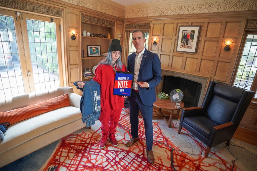 Billie Eilish with Los Angeles Mayor Eric Garcetti encouraging people to register to vote. Eilish has been a strong proponent of young people being politically active. 