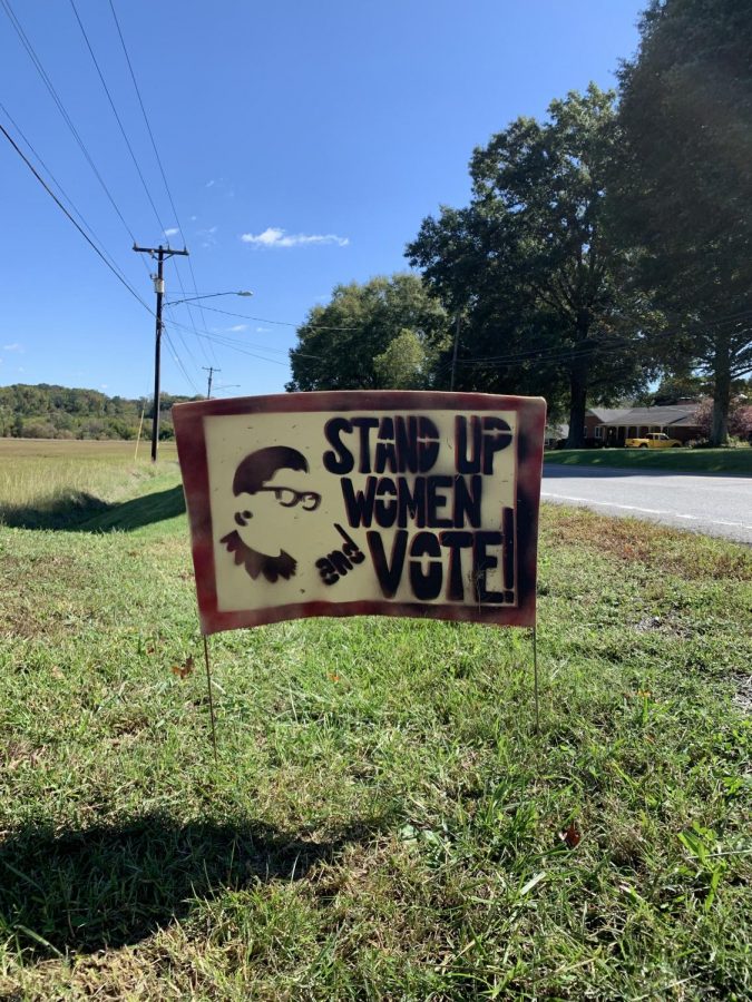 An+RBG+sign+on+the+corner+of+Yadkinville+Rd.+and+Grandview+Club+Rd.+in+Pfafftown.+The+sign+encourages+women+to+vote%2C+just+as+Ginsburg+so+strongly+encouraged.