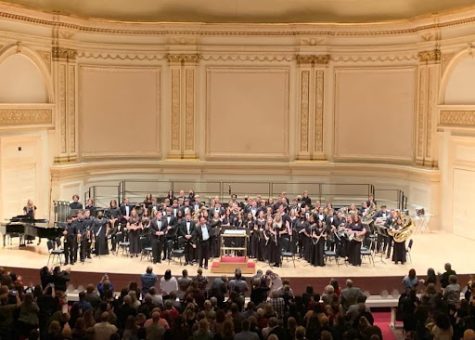 Reagan’s musicians stand after their performance at Carnegie Hall.  Reagan’s wind, jazz, orchestral, and ensemble bands performed at the historic venue for a high school  showcase put on by “Manhattan Concert Productions.”